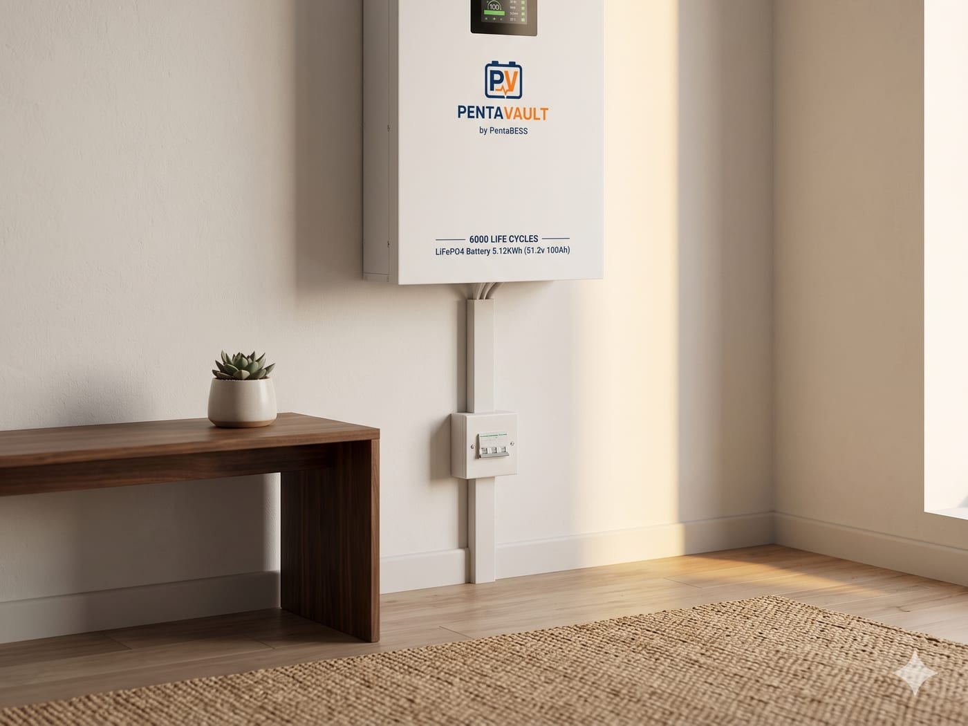PentaVault Anchor 5.12 kWh battery wall mounted in a Pakistani home, beside its isolator, with the status display showing a full charge