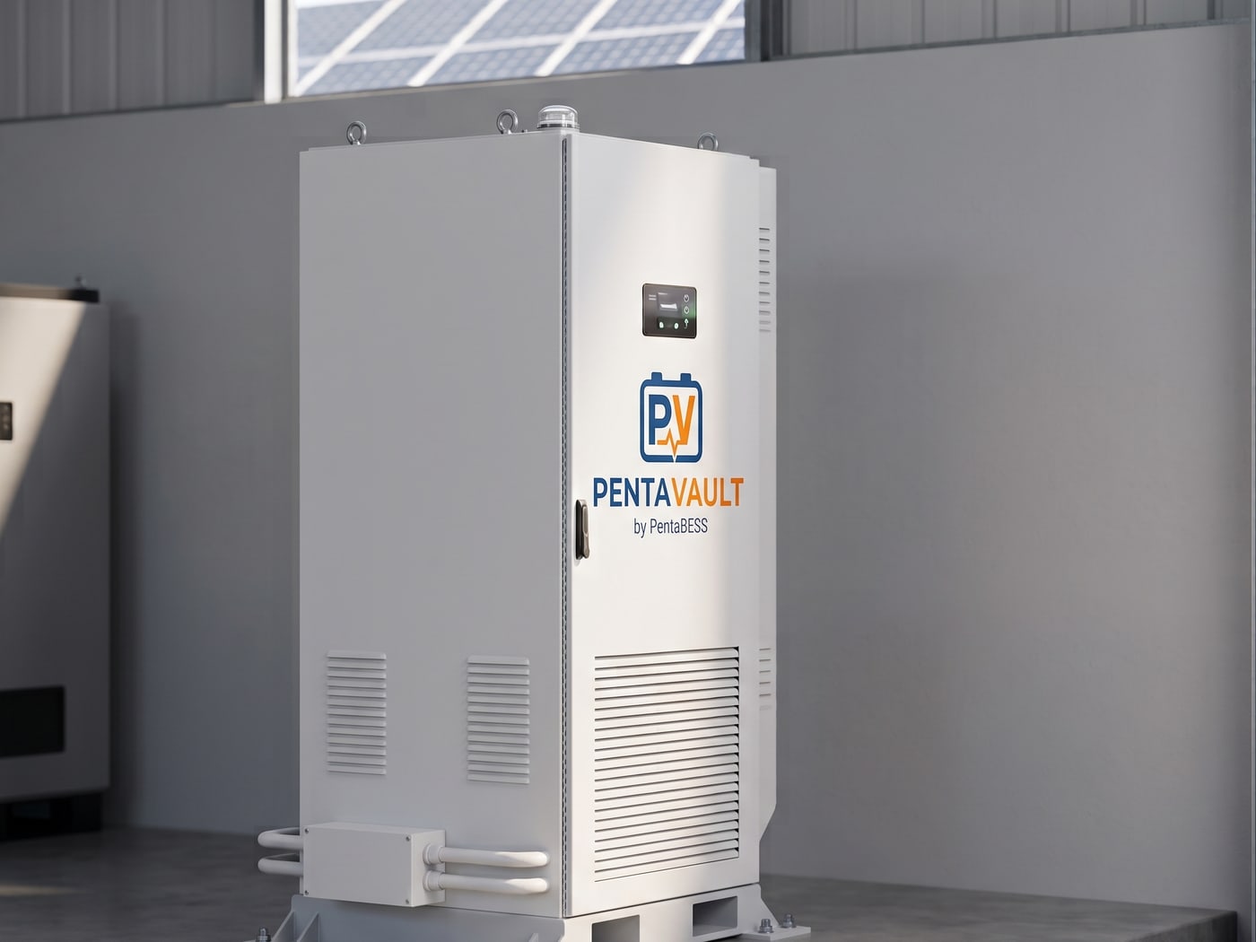 PentaVault Citadel 261 kWh liquid cooled industrial battery cabinet installed on a plinth inside a factory, with rooftop solar panels visible through the window