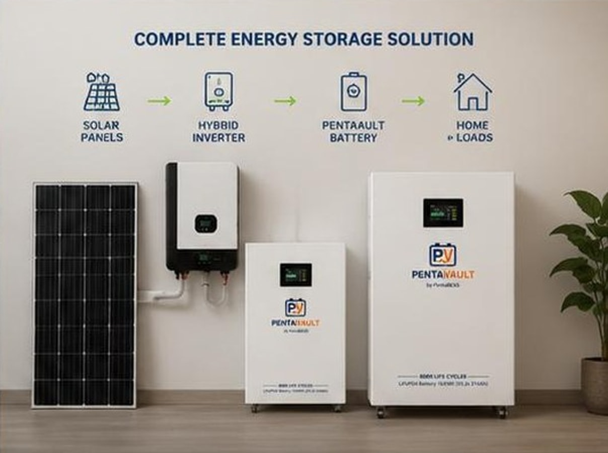 A complete PentaVault storage system: solar panel, hybrid inverter, and the 5.12 kWh and 16 kWh cabinets installed together against a wall