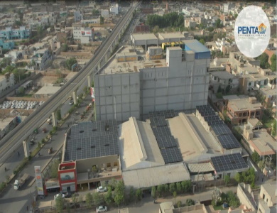 Aerial view of the 250 kW rooftop solar array at Toyota Multan Motors